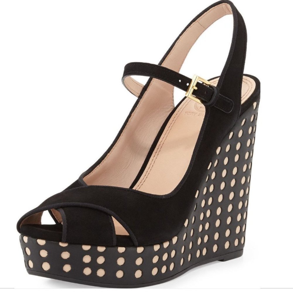 Tory Burch Black Suede Polka Dot Wedge Sandals with Nude Accents